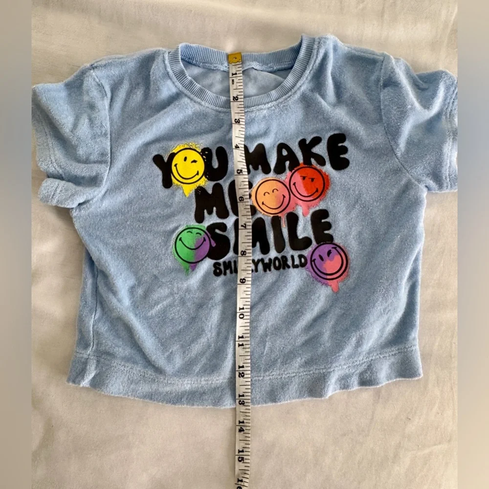 H&M x SmileyWorld Terry Crop Top Shorts Set Girls Sz 4-5 Blue Graphic Tee Smile